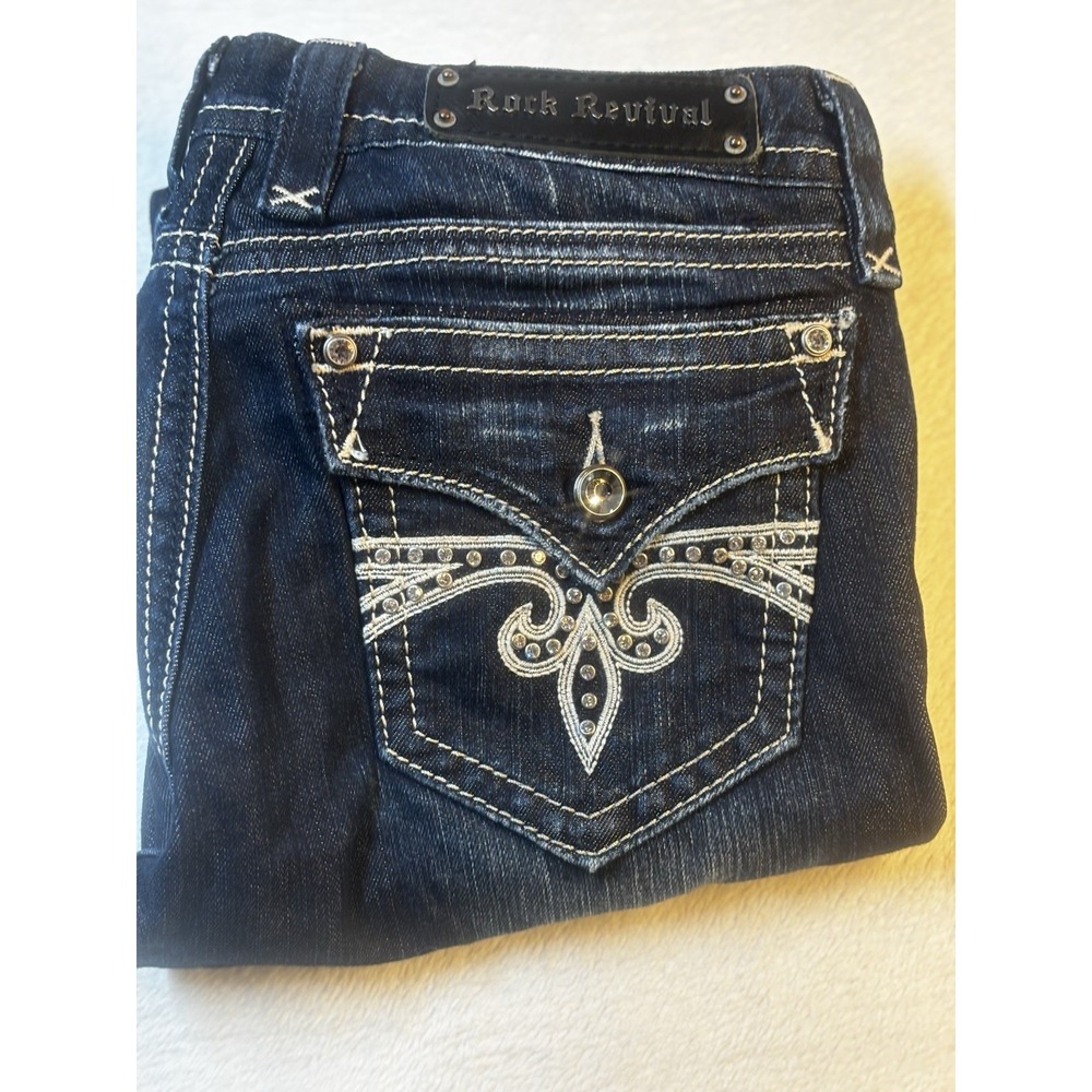 Rock Revival‎ Sora Bootcut Jeans 28 Rhinestone Embroidered Flap Pocket Dark Wash